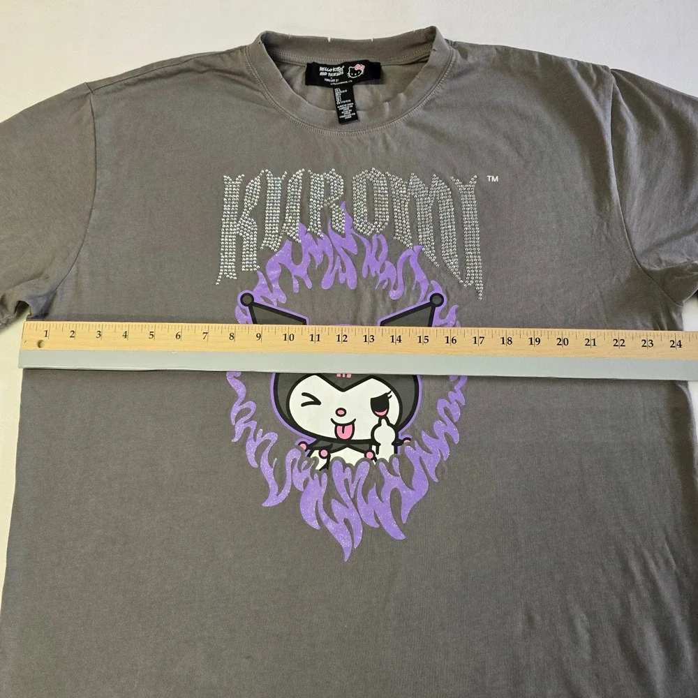 Forever 21 Sanrio Kuromi Graphic T-Shirt Grey Rhinestone Glitter Womens Large - Picture 7 of 8